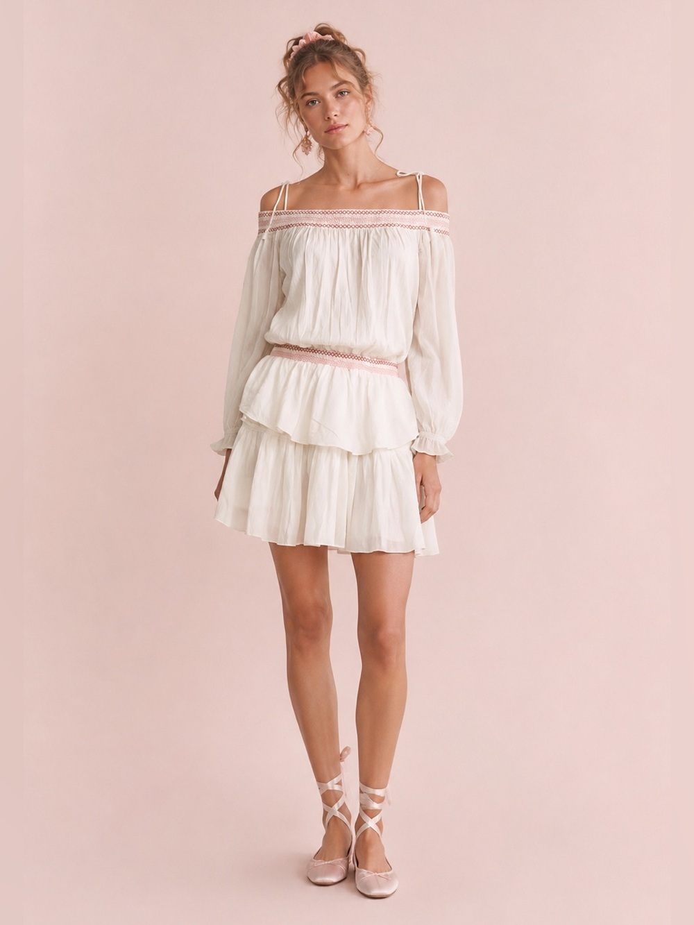 LoveShackFancy Smocked Ruffle Embroidered Mini Dress in Ivory Size L